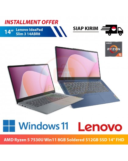 【IND】Lenovo IdeaPad Slim 3 14ABR8 AMD Ryzen 5 7530U Win11 8GB Soldered 512GB SSD 14" FHD